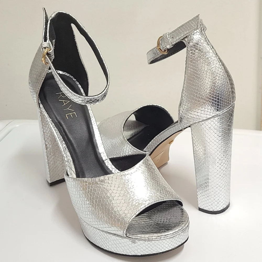 RAYE Dune Metallic Silver Snakeskin Embossed Leather Platform Heels Sz 10